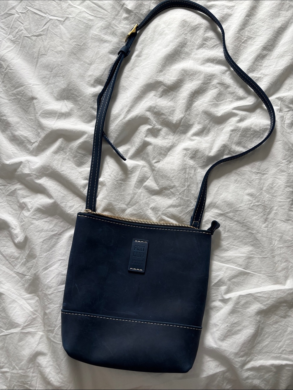 Portland Leather Dark Navy Crossbody with Gold Tone Zipper